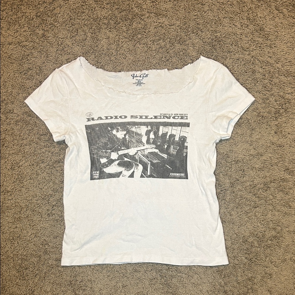 Brandy Melville White Radio Silence Off the Shoulder Graphic Tee John Galt